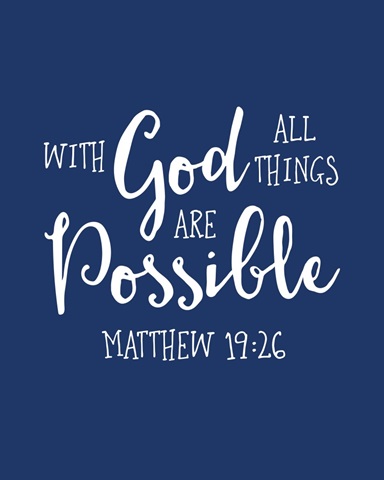 Matthew 19:26 - Scripture Art in White and Navy