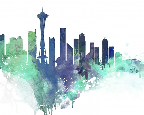Seattle Watercolor Cityscape II