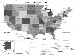US Map - Black and White, Classic Text