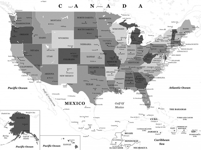 US Map - Black and White, Classic Text