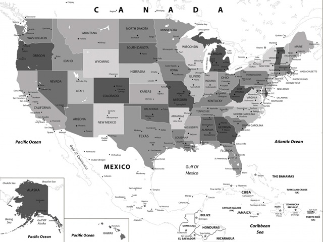 US Map - Black and White, Modern Text
