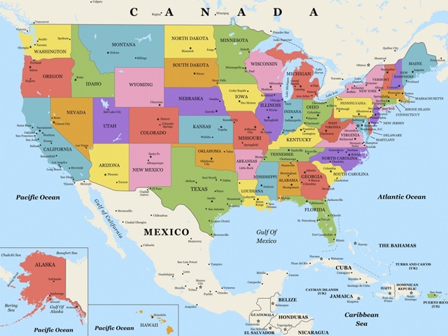 US Map - Color, Classic Text