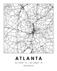 Black and White Minimal City Map Of Atlanta