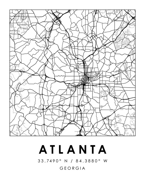 Black and White Minimal City Map Of Atlanta