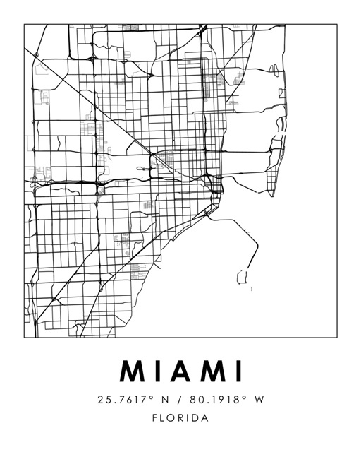 Black and White Minimal City Map Of Miami