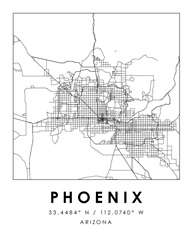 Black and White Minimal City Map Of Phoenix