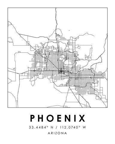 Black and White Minimal City Map Of Phoenix