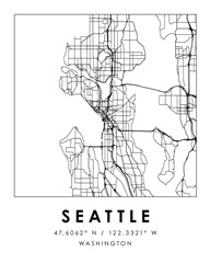 Black and White Minimal City Map Of Seattle