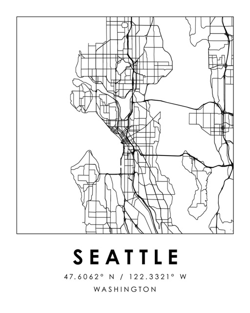 Black and White Minimal City Map Of Seattle