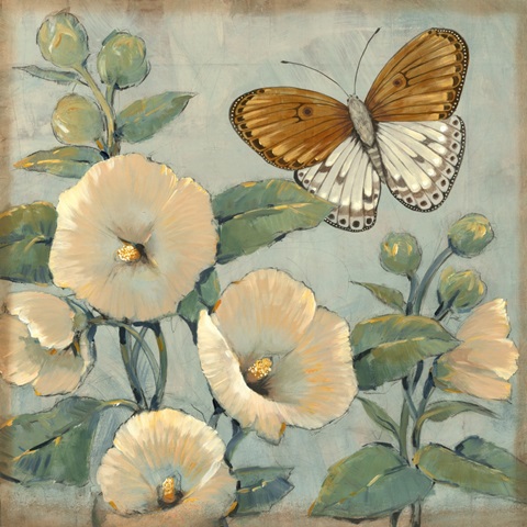 Butterfly and Hollyhocks I