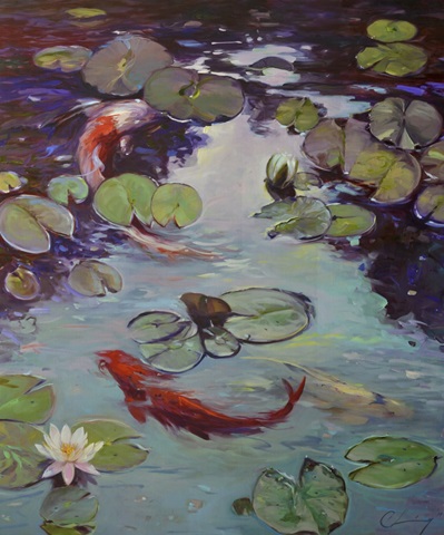 Red Koi and Lilies