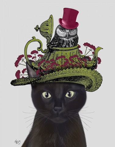 Black Cat with Teapot and Owl