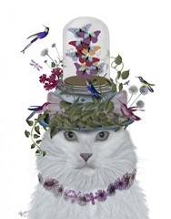 Cat, White with Butterfly bell jar