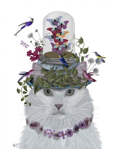 Cat, White with Butterfly bell jar