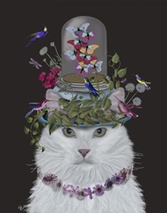 Cat, White with Butterfly bell jar, on black