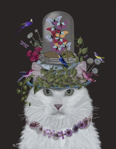 Cat, White with Butterfly bell jar, on black