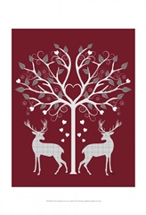 Christmas Des - Deer and Heart Tree, Grey on Red