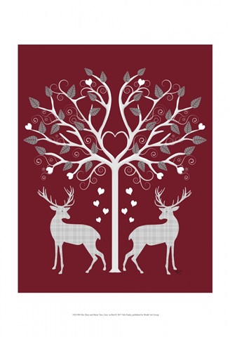 Christmas Des - Deer and Heart Tree, Grey on Red
