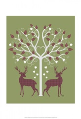 Christmas Des - Deer and Heart Tree, Pink On Green