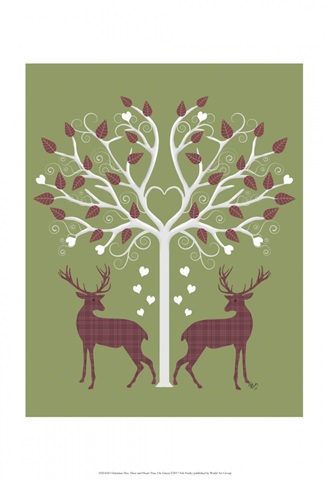 Christmas Des - Deer and Heart Tree, Pink On Green