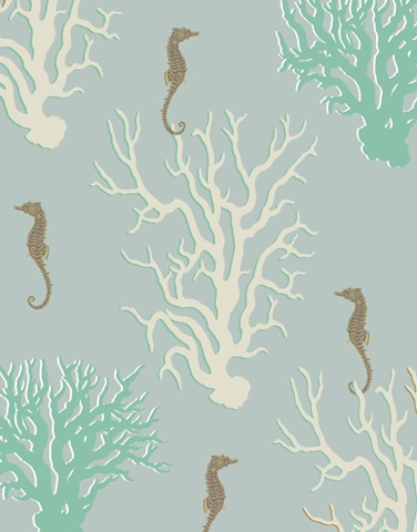 Coral and Seahorse in Seafoam