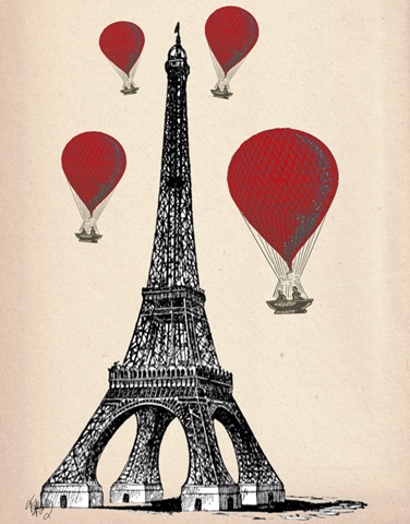 Eiffel Tower and Red Hot Air Balloons