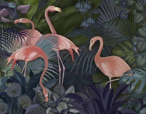 Flamingos in Blue Garden