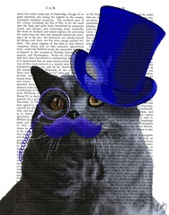 Grey Cat With Blue Top Hat and Blue Moustache
