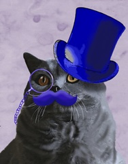Grey Cat With Blue Top Hat and Moustache