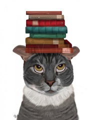 Grey Cat with Books on Head