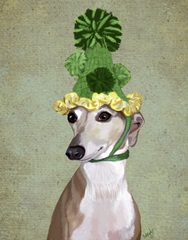 Greyhound in Green Knitted Hat