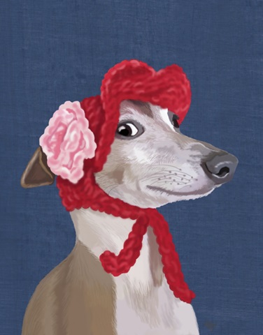 Greyhound with Red Woolly Hat