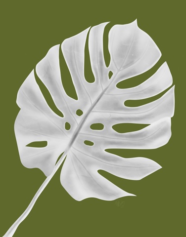 Monstera Leaf 1, White On Green
