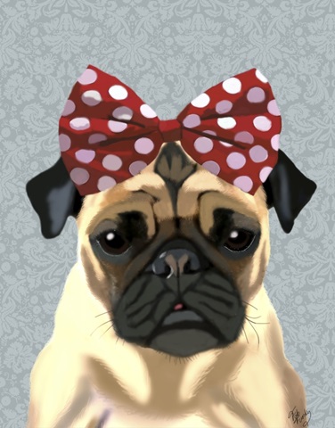 Pug with Red Spotty Bow On Head