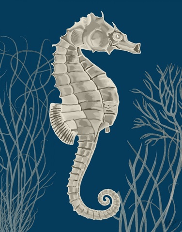 Silver Grey Seahorses on Blue a