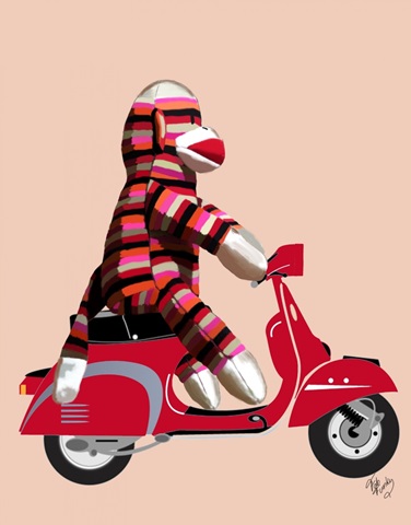 Sock Monkey on Red Moped