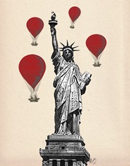 Statue Of Liberty and Red Hot Air Balloons