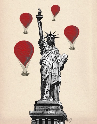 Statue Of Liberty and Red Hot Air Balloons