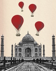 Taj Mahal and Red Hot Air Balloons