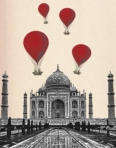Taj Mahal and Red Hot Air Balloons