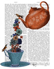 Teapot, Cup and Flowers, Orange and Blue