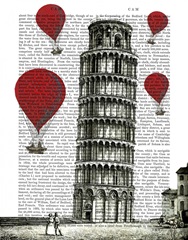 Tower of Pisa and Red Hot Air Balloons