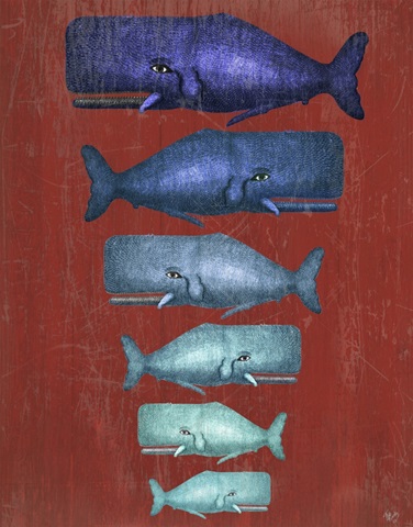 Whale Family Blue on Red