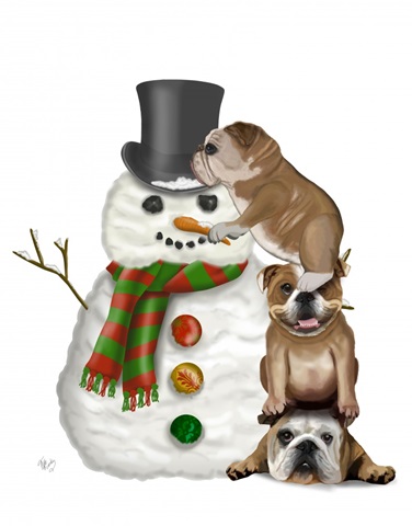 Christmas English Bulldogs Building Snowman