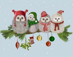 Christmas Fluffy Christmas Owls on Branch