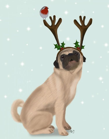 Christmas Pug with Antlers and Robin