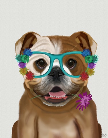 English Bulldog and Flower Glasses