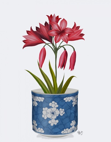 Chinoiserie Amaryllis Red, Blue Vase