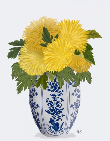 Chinoiserie Chrysanthemum Yellow, Blue Vase