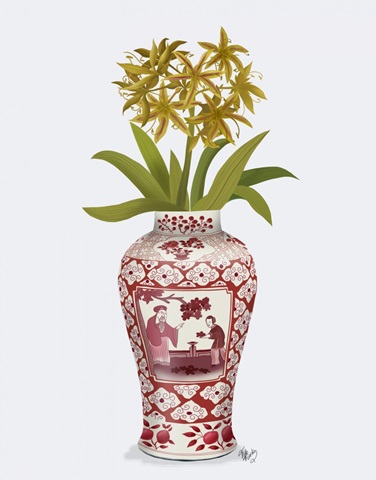 Chinoiserie Day Lily Lemon, Red Vase